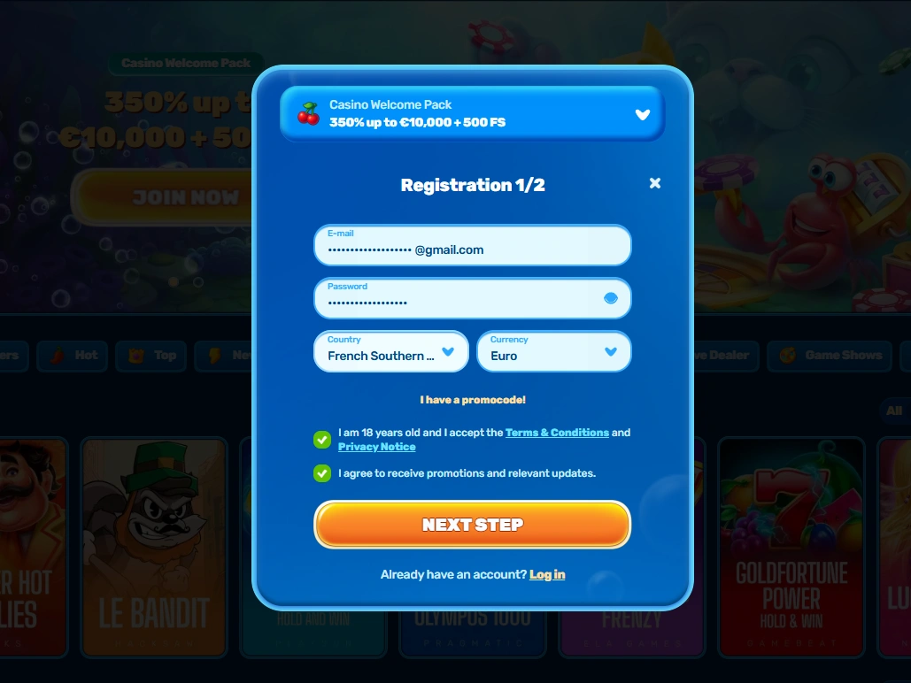 Formulaire Registration 1/2 avec e-mail, mot de passe, pays et devise Euro
