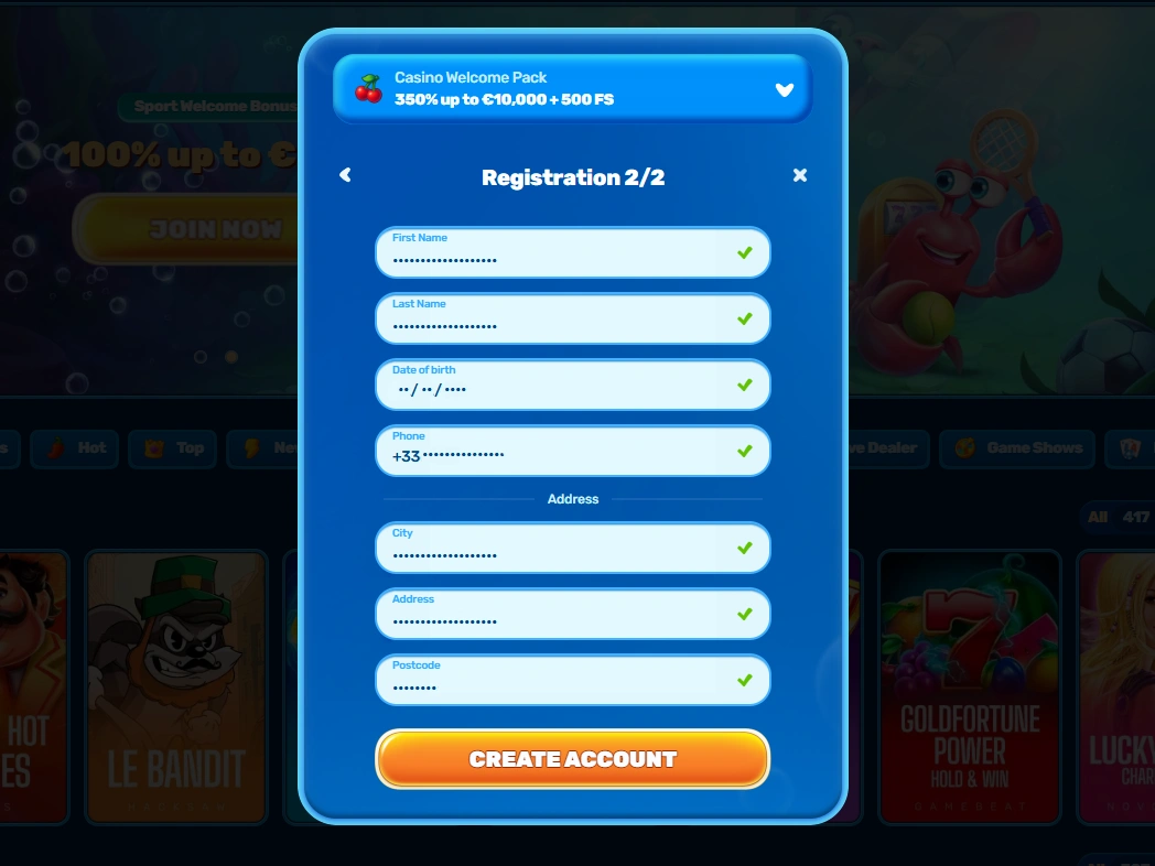 Formulaire Registration 2/2 avec nom, téléphone au +33 et adresse postale